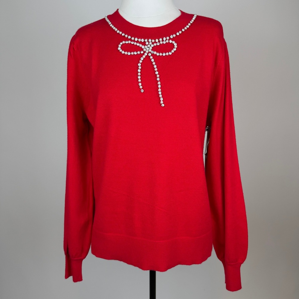 NWT Liz Claiborne Cabaret Red Faux Pearl Rhinestone Bow Sweater Petite Size PL